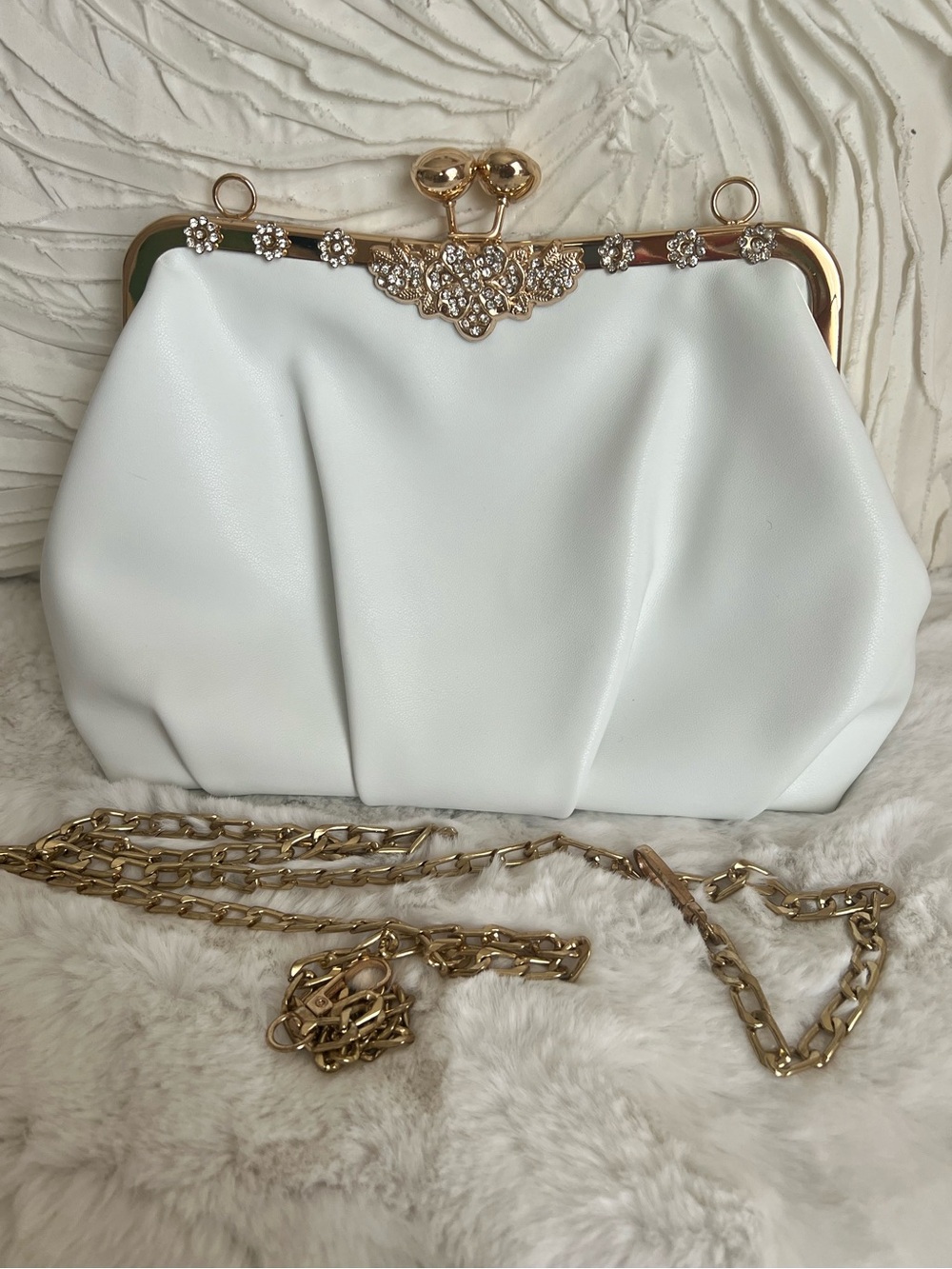 Elegant White Satin Clutch with Gold Frame and Chain